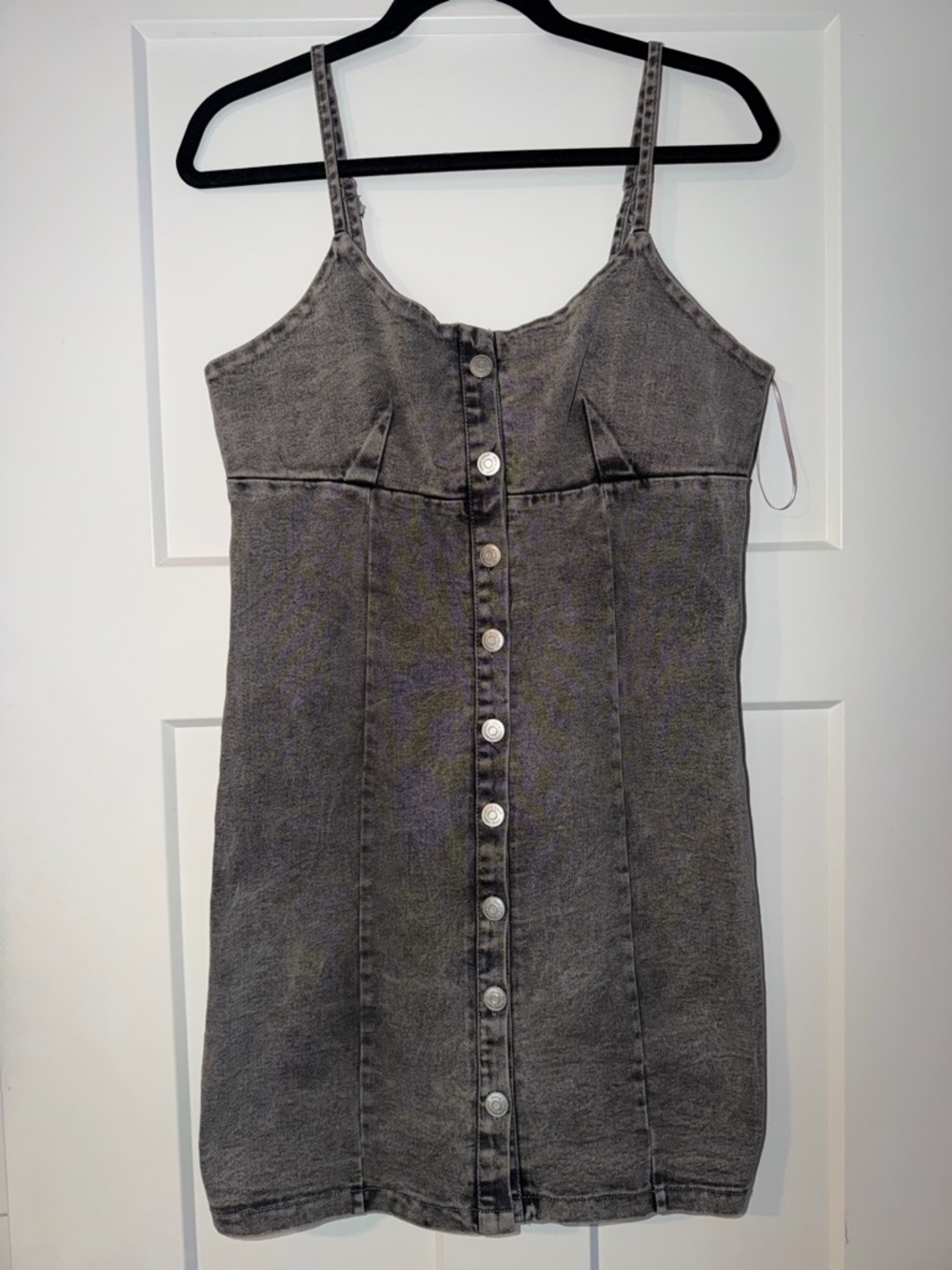 Washed Black Denim Button-Front Mini Dress